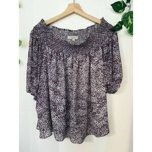 LOFT Floral Off Shoulder Blouse XS Purple Smocked Peasant Boho 3/4 Sleeve Top